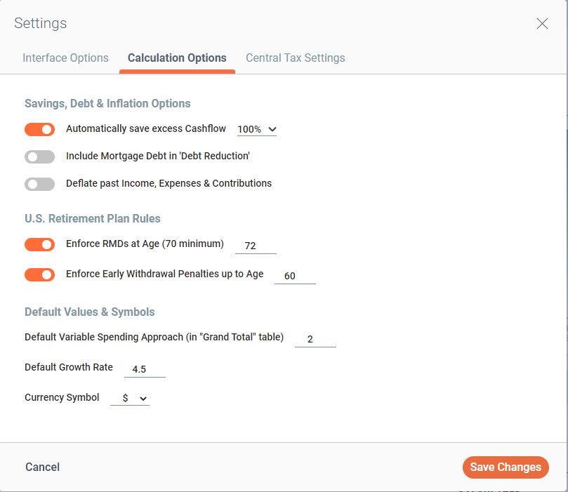 Settings calculation
      options tab