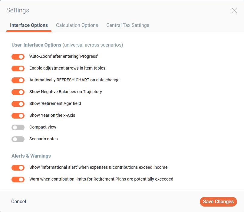 Settings interface options
      tab